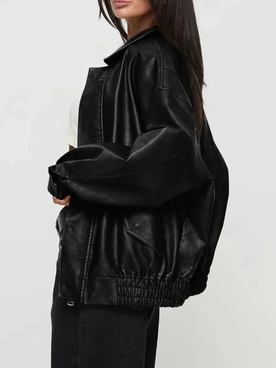 Women's Faux Leather Motorcycle Jacket Oversized Zip Up Winter Coat Black - Picture 3 of 6